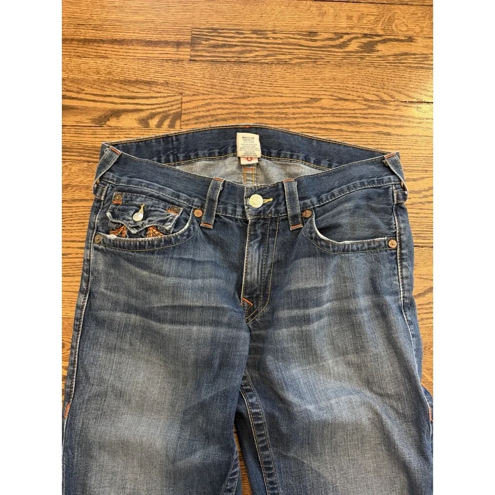 True Religion Jeans Mens Blue Dark Wash Rainbow Billy Straight Whisker Size 34